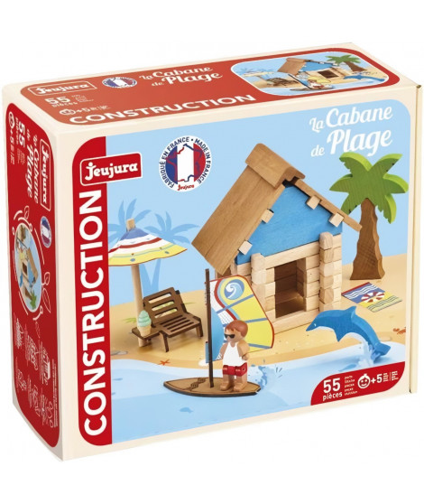 La Cabane de Plage 55 Pieces - JEUJURA - Jeu de Construction en Bois Naturel, Tapis et Accessoires Inclus, 22x18,5x8,5 cm