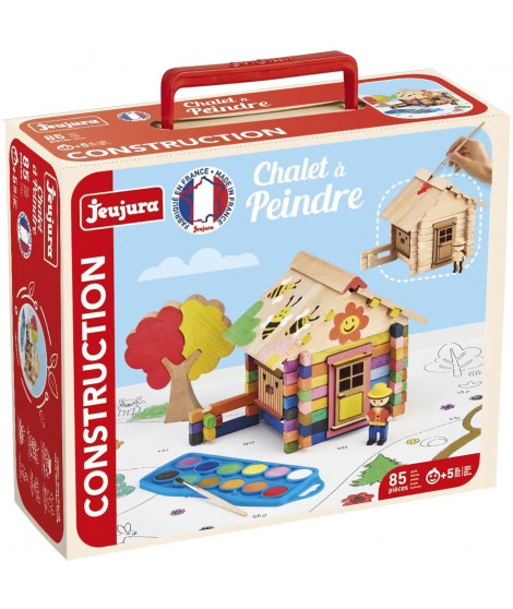 Chalet a Peindre 85 Pieces - JEUJURA - Jeu de Construction en Bois Naturel, Accessoires et Peinture Inclus, 26x24x9 cm