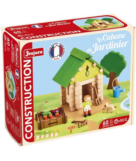 La Cabane du Jardinier 60 Pieces - JEUJURA - Jeu de Construction en Bois Naturel, Tapis et Accessoires Inclus, 22x18,5x8,5 cm