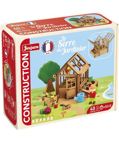 La Serre du Jardinier 40 Pieces - JEUJURA - Jeu de Construction en Bois Naturel, Tapis et Accessoires Inclus, 22x18,5x8,5 cm