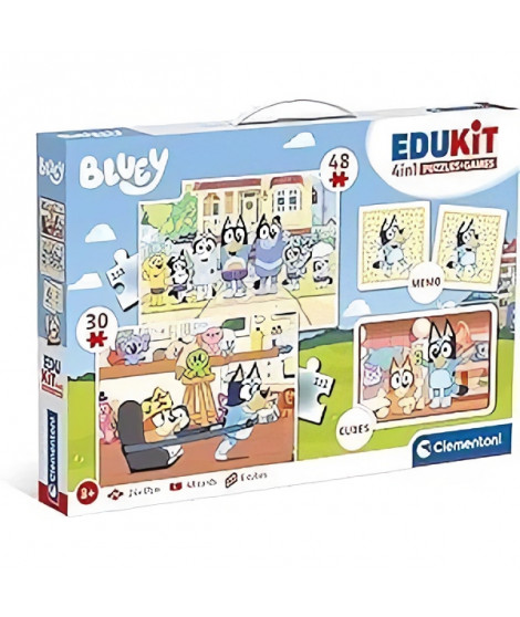 Clementoni - Edukit - Bluey - Coffret apprentissage 4 en 1 - 2 puzzles, 1 mémo, 1 jeu de 6 cubes - Fabriqué en Italie - Dés 4ans
