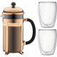 BODUM CHAMBORD Set cafetiere a piston - 8 tasses -  1L -Marron - Avec 2 verres double paroi Pavina 0,35l