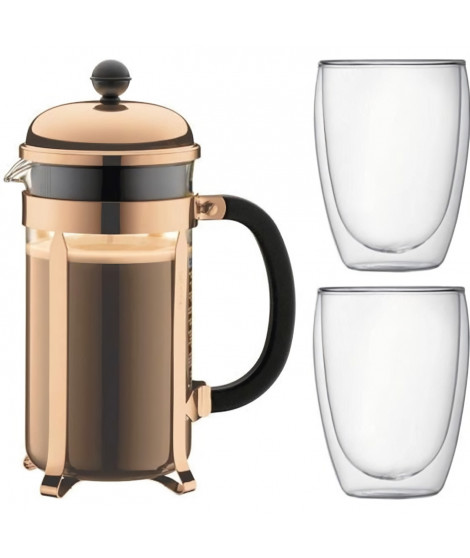 BODUM CHAMBORD Set cafetiere a piston - 8 tasses -  1L -Marron - Avec 2 verres double paroi Pavina 0,35l