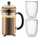 BODUM CHAMBORD Set cafetiere a piston - 8 tasses -  1L -Marron - Avec 2 verres double paroi Pavina 0,35l