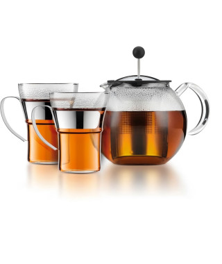 Théiere a piston - BODUM - ASSAM SET - 1.0 l avec couvercle, filtre inox + 2 tasses verre anse inox 0.35 l