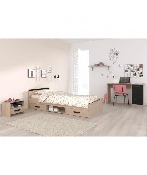 Chambre complete enfant 3 pieces ZODIAC - Lit + chevet + bureau - Décor chene/noir - PARISOT