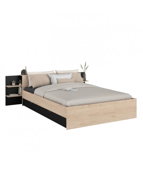 Lit adulte HORN avec tiroir de rangement - 140 x 190/200 cm - Décor chene et noir - PARISOT