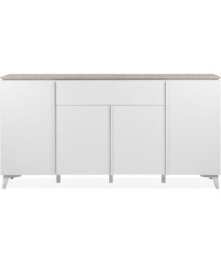 Buffet Bertrix 51A - Décor travertin / blanc - Panneaux de particules - 4 portes et étageres - 1 tiroir central - 177 x 92 x …