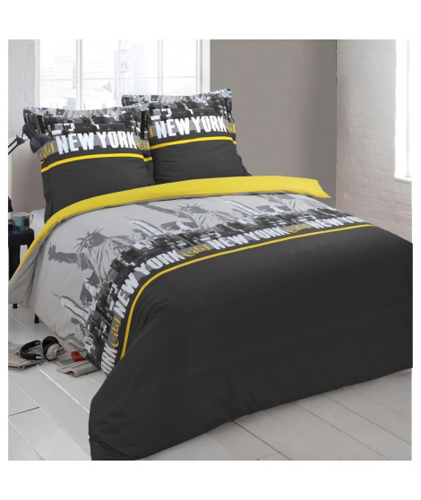 VISION Parure de couette New York - 100% coton - 1 housse de couette 220 x 240 cm + 2 taies d'oreiller 65 x 65 cm - Jaune et …