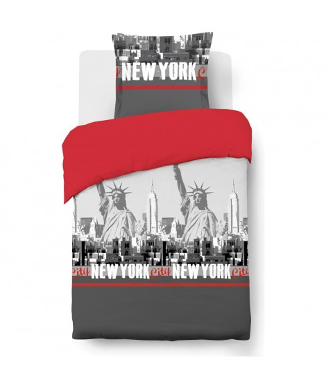 VISION Parure de couette New York - 100% coton - 1 housse de couette 140 x 200 cm + 1 taie d'oreiller 65 x 65 cm - Rouge et gris
