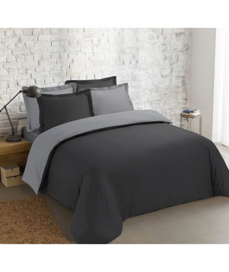 VISION - Bicolore - Housse de couette Réversible 240x220cm avec 2 taies 65x65cm - Anthracite/gris - 100% coton