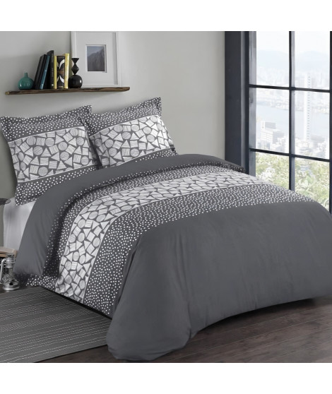VISION Parure de couette Arthur - 100% coton - 1 housse de couette 140 x 200 cm + 1 taie d'oreiller 65 x 65 cm - Gris anthracite