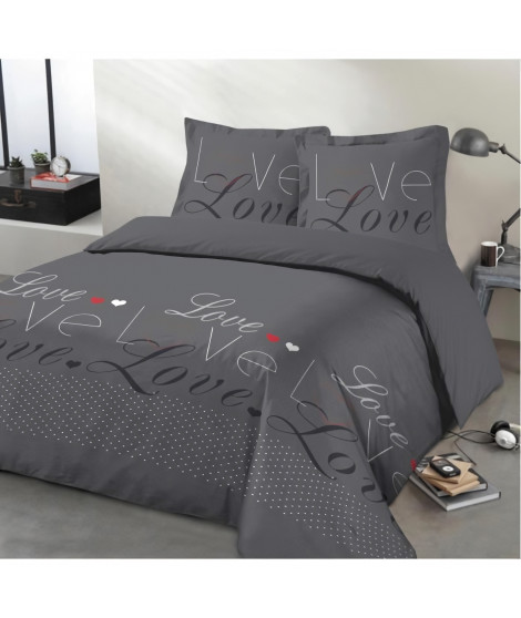VISION Parure de couette Love - 100% coton - 1 housse de couette 240 x 220 cm + 2 taies d'oreiller 65 x 65 cm - Gris anthracite