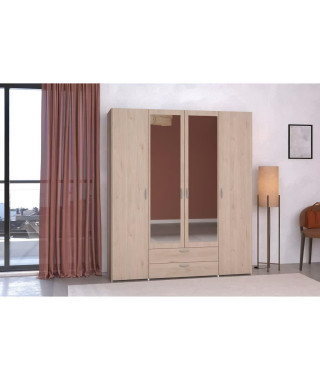 Armoire VARIA - Décor chene et blanc - 4 portes - 2 tiroirs - Portes centrales avec miroirs - 159,9 x 185 x 51,7