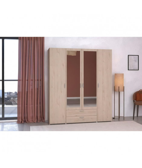 Armoire VARIA - Décor chene et blanc - 4 portes - 2 tiroirs - Portes centrales avec miroirs - 159,9 x 185 x 51,7
