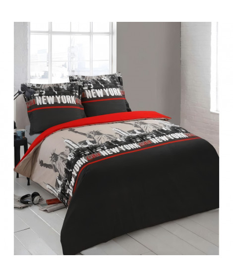 VISION Parure de couette New York - 100% coton - 1 housse de couette 200 x 200cm + 2 taies d'oreiller 65 x 65cm - Rouge et gris
