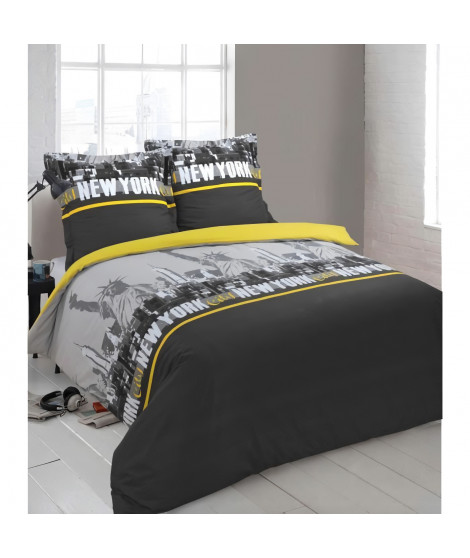 VISION Parure de couette New York - 100% coton - 1 housse de couette 200 x 200cm + 2 taies d'oreiller 65 x 65cm - Jaune et Gris