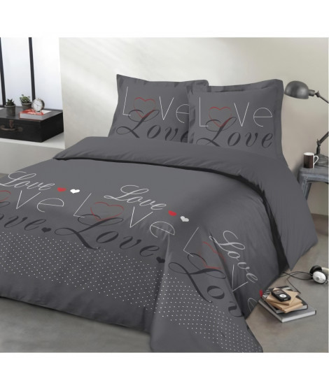 VISION Parure de couette Love - 100% coton - 1 housse de couette 200 x 200 cm + 2 taies d'oreiller 65 x 65 cm - Gris anthracite