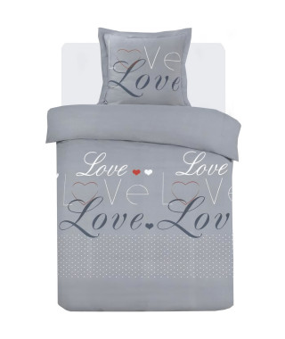 Parure Housse de couette - VISION - Love - 140 x 200 cm - 1 taie assortie 65 x 65 cm - Gris -  100% coton