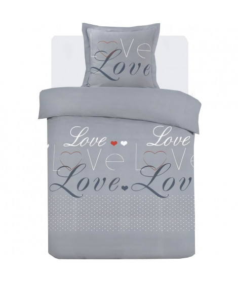 Parure Housse de couette - VISION - Love - 140 x 200 cm - 1 taie assortie 65 x 65 cm - Gris -  100% coton