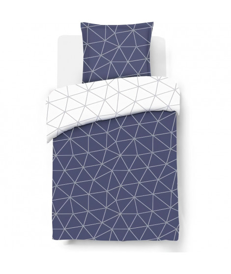 Parure Housse de couette - VISION - Hugo - Parure réversible - 140 x 200 cm - 1 taie assortie 65 x 65 cm - Bleu / Blanc - 100…