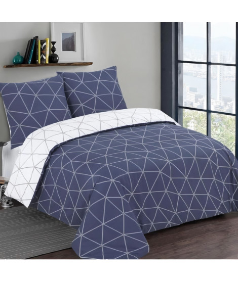 VISION Parure housse de couette HUGO marine Réversible - 100%Coton - 1 housse de couette 200x200cm + 2 taies 65x65cm - Marine