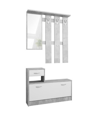 Vestiaire Rudolf - Décor béton structuré / blanc - 100 x 180 x 25 cm - 1 meuble a chaussures -  1 miroir - 4 crochets