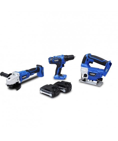 HYUNDAI Pack 3 outils 18V : perceuse 40Nm + meuleuse d'angle 115mm + scie sauteuse + 2 batteries 1,5Ah +chargeur - HNHPACK18V
