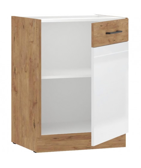 ROCK - Meuble bas - Mélaminé chene Lancelot et Blanc brillant - 60 cm - 1 porte battante