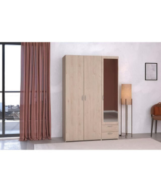 Armoire VARIA - Décor chene et blanc - 3 portes - 2 tiroirs - Porte droite avec miroir - 120,3 x 185 x 51,7