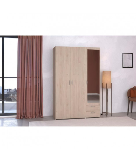 Armoire VARIA - Décor chene et blanc - 3 portes - 2 tiroirs - Porte droite avec miroir - 120,3 x 185 x 51,7