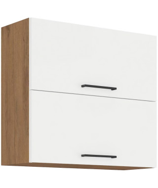 ROCK - Meuble haut - Mélaminé chene Lancelot et Blanc brillant - 80 cm - 2 portes basculantes