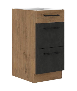 ROCK - Meuble casserolier - 3 tiroirs - 40 cm - Chene Lancelot et gris matera - CUISINIER