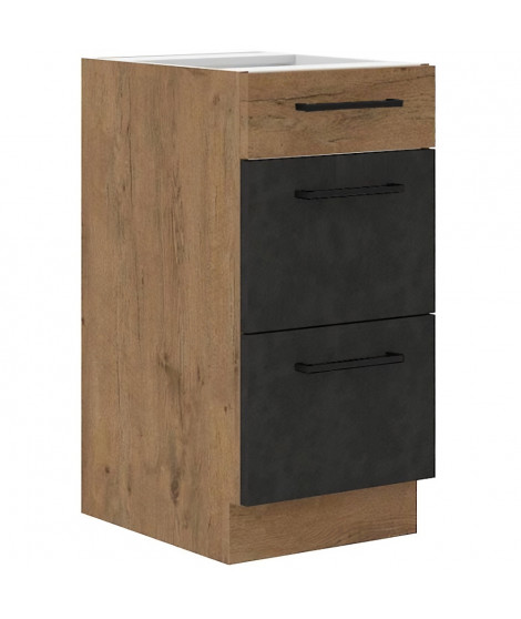 ROCK - Meuble casserolier - 3 tiroirs - 40 cm - Chene Lancelot et gris matera - CUISINIER
