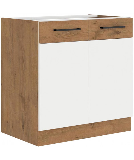 ROCK - Meuble bas - Mélaminé decor chene Lancelot et Blanc - 80 cm - 2 portes battantes