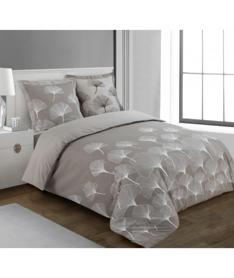 VISION - Parure de lit  réversible GINKO  - 100%Coton - 1 housse de couette 200x200cm + 2 taies d'oreiller 65x65cm - Beige