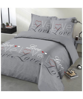 VISION - Parure de lit Love - 100% coton - 1 housse de couette 200 x 200 cm + 2 taies d'oreiller 65 x 65 cm - Gris