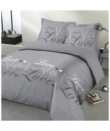 VISION - Parure de lit Love - 100% coton - 1 housse de couette 200 x 200 cm + 2 taies d'oreiller 65 x 65 cm - Gris