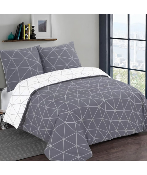 VISION - Parure de lit  HUGO gris réversible - 100%Coton - 1 housse de couette 200x200cm + 2 taies 65x65cm - Gris-blanc