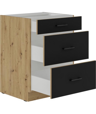 Meuble bas casserolier - MODENA - 60 cm - 3 tiroirs - Chene artisan et noir mat - CUISINIER