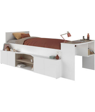 Lit combiné enfant avec rangements et bureau CLoe - 90 x 200 cm - Décor blanc et chene - PARISOT