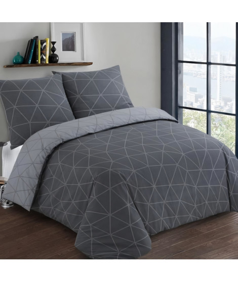 VISION Parure de couette Hugo - 100% coton - 1 housse de couette 140 x 200 cm + 1 taie d'oreiller 65 x 65 cm - Gris anthracite