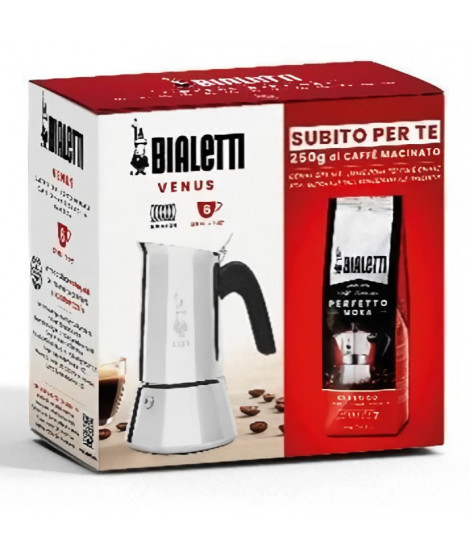 Cafetiere italienne + 1 Café Perfetto Moka Classico - BIALETTI - VENUS - 6 tasses - 0,30 L - Paquet de 250 g - Argent