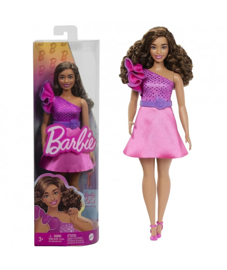 Barbie-Barbie Fashionistas 225-Poupée ronde cheveux bruns et robe rose HRH22