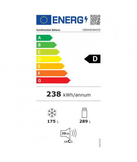 Réfrigérateur  4 portes avec distributeur d'eau - 446L - Total No Frost - L79 cm x H 180 cm - Inox - Classe D