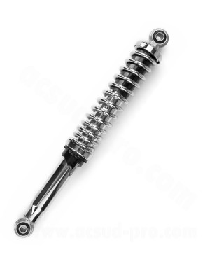 AMORTISSEUR CYCLO REGLABLE CHROME (ENTRAXE 360mm) DIAMETRE FIXATION SUPERIEUR 10mm ET INFERIEUR 8mm (LA PAIRE)