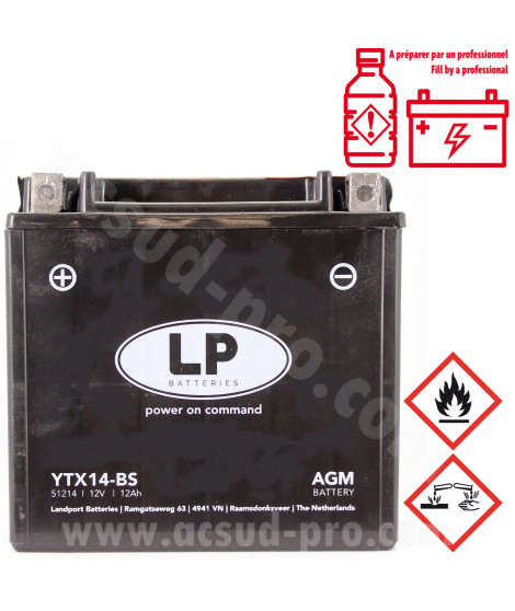 BATTERIE LANDPORT LTX14-BS 12V 12Ah  SANS ENTRETIEN AGM (PIAGGIO MP3 400-500cc / VESPA GTS 300CC) (EQUIVALENT YTX14-BS)
