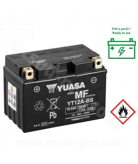 BATTERIE YUASA YT12A-BS 12V-10.5A AGM - SANS ENTRETIEN -LIVREE AVEC PACK ACIDE