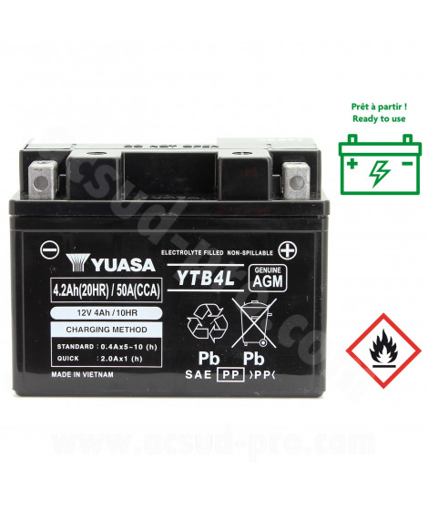BATTERIE YUASA YTB4L 12V 4 AH (  REMPLACE LA YTX4L-BS ) - AGM ACTIVE USINE