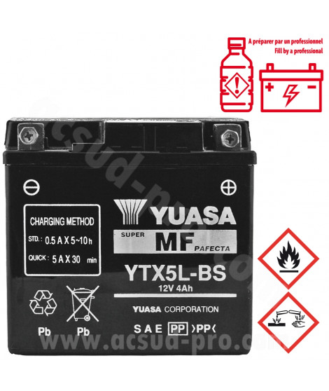 BATTERIE YUASA YTX5L-BS 12V-4.2Ah MF SANS ENTRETIEN LIVREE AVEC PACK ACIDE